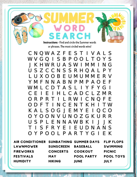 Summer Word Search Printable Game Party Kids Adults Activity ...