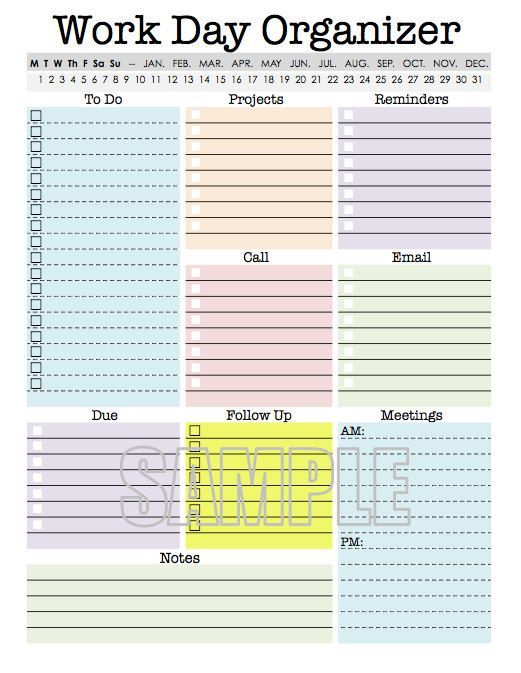 Work Day Organizer - planner page, work planner, printable planner ...