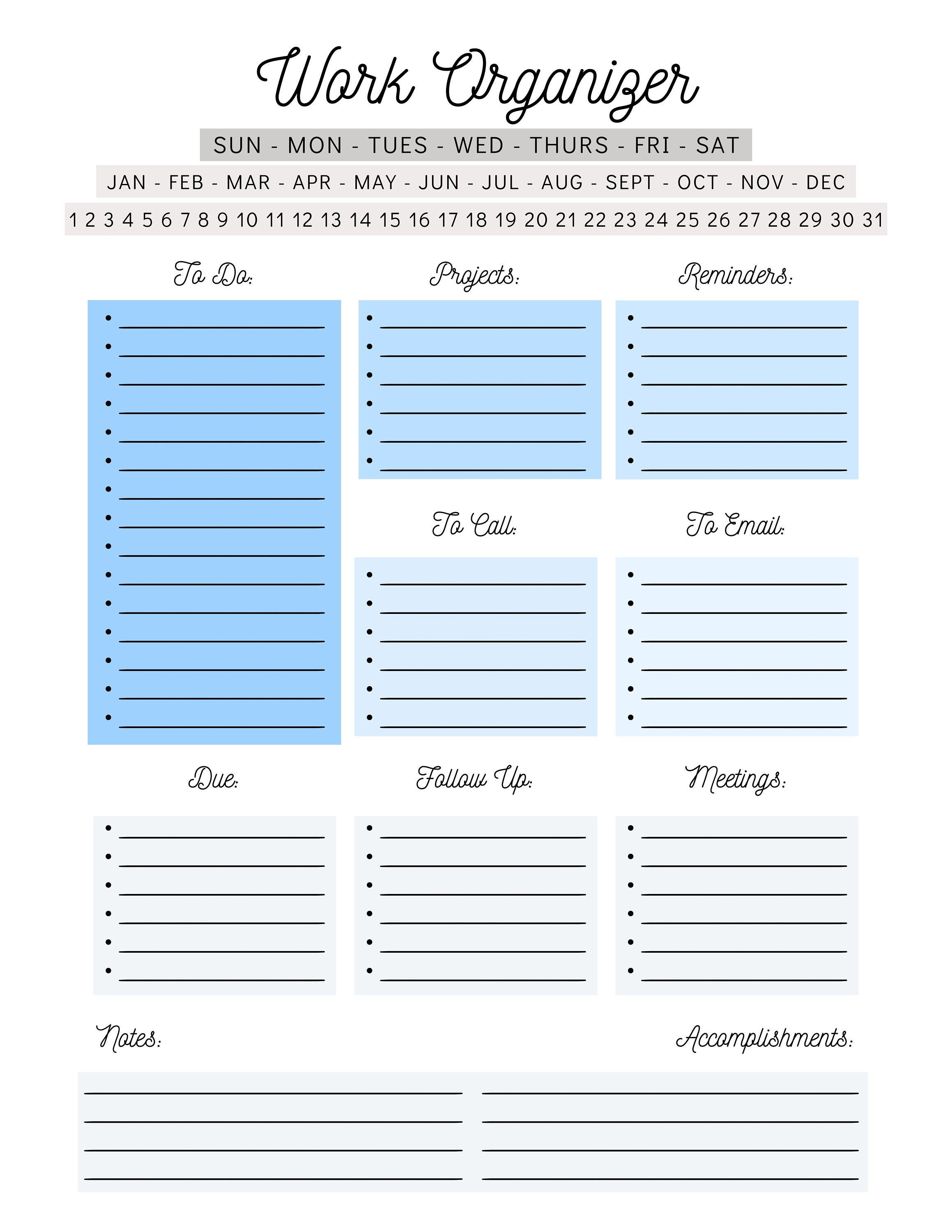 Work Day Organizer Printable Editable Fillable Work Planner