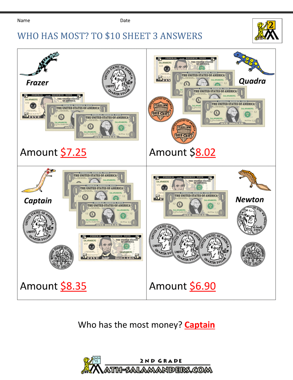 Printable Money Worksheets to $10