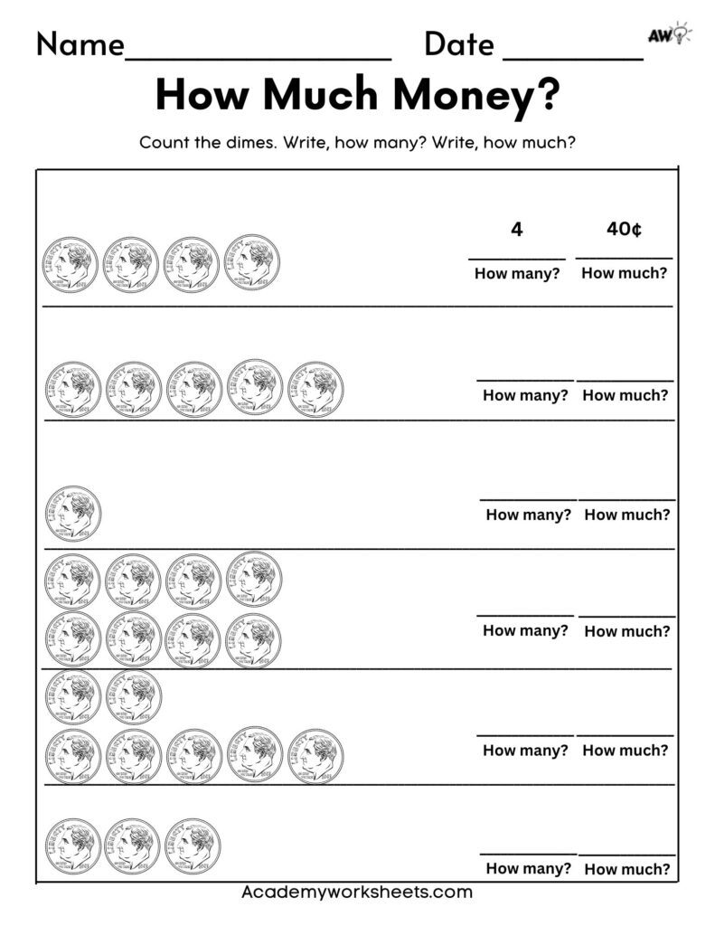 Counting Dimes Worksheet - Learn to Count Money - Academy Worksheets