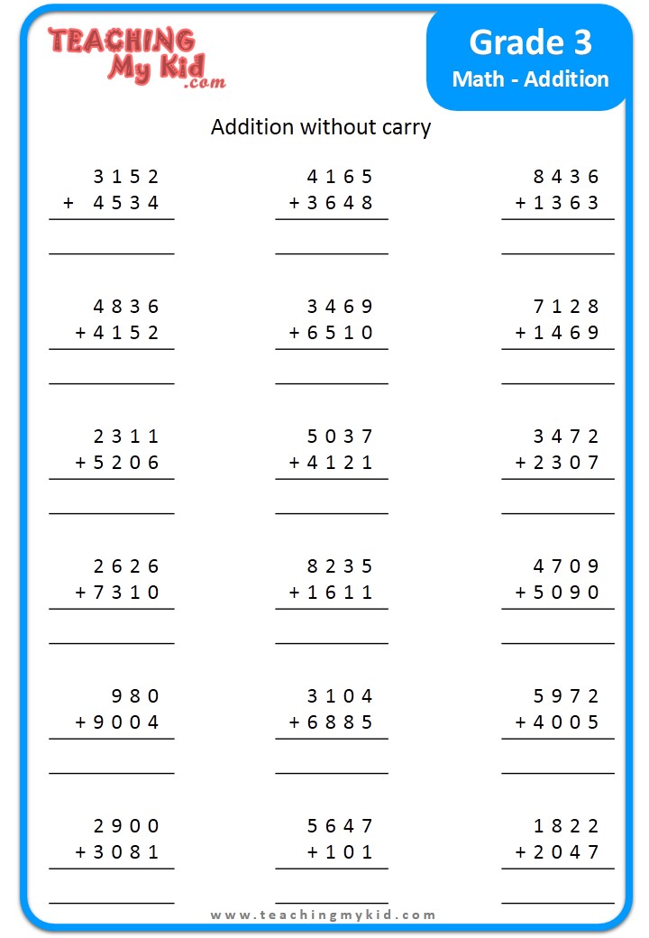 Grade 3 Addition - Free Printable Worksheet digits with carry ...