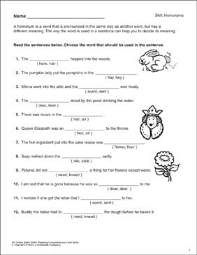 Homonyms (Homophones): 4th Grade Reading Skills | Printable Skills ...