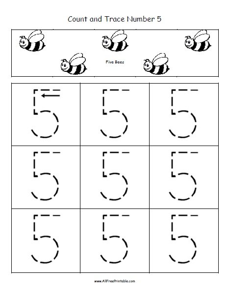 Count and Trace Number 5 Worksheet - Free Printable