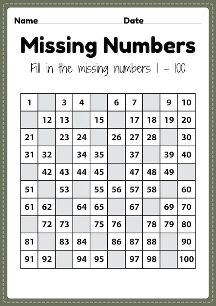 Premium Vector | Number worksheets missing numbers 1 to 100 ...