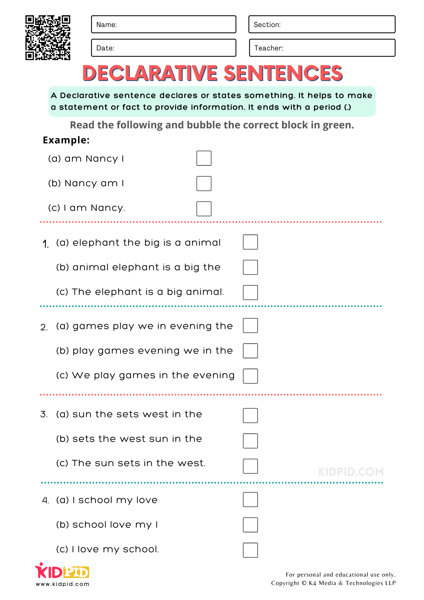Declarative Sentence Free Printable Worksheets for Grade 1 - Kidpid