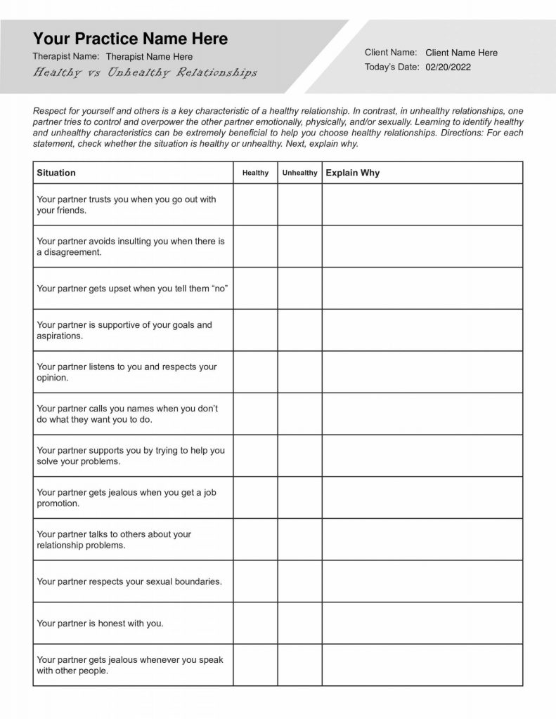 printable worksheet on healthy relationships