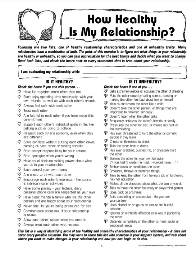 printable worksheet on healthy relationships