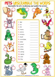 Pets ESL Printable Unscramble the Words Worksheet