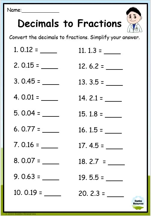 printable worksheets decimals to fractions