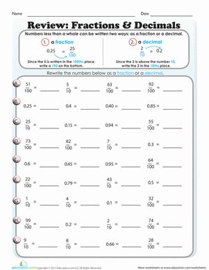 printable worksheets decimals to fractions