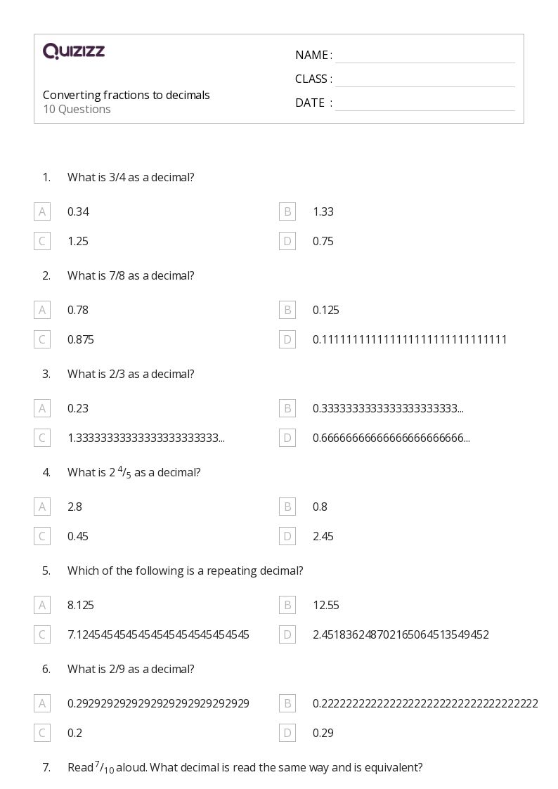 printable worksheets decimals to fractions