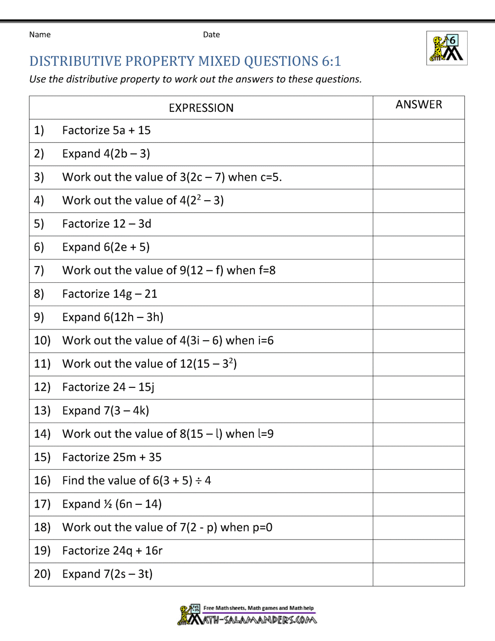 printable worksheets distributive property