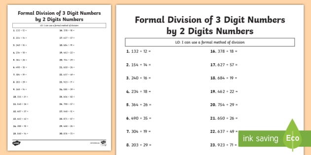 Formal Division of 3 Digit Numbers by 2 Digit Numbers Worksheet