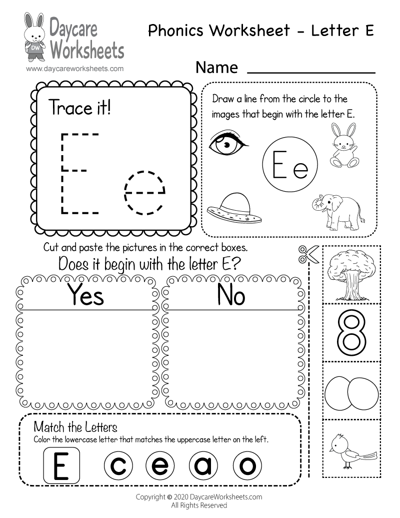 Free Printable Letter E Beginning Sounds Phonics Worksheet for ...
