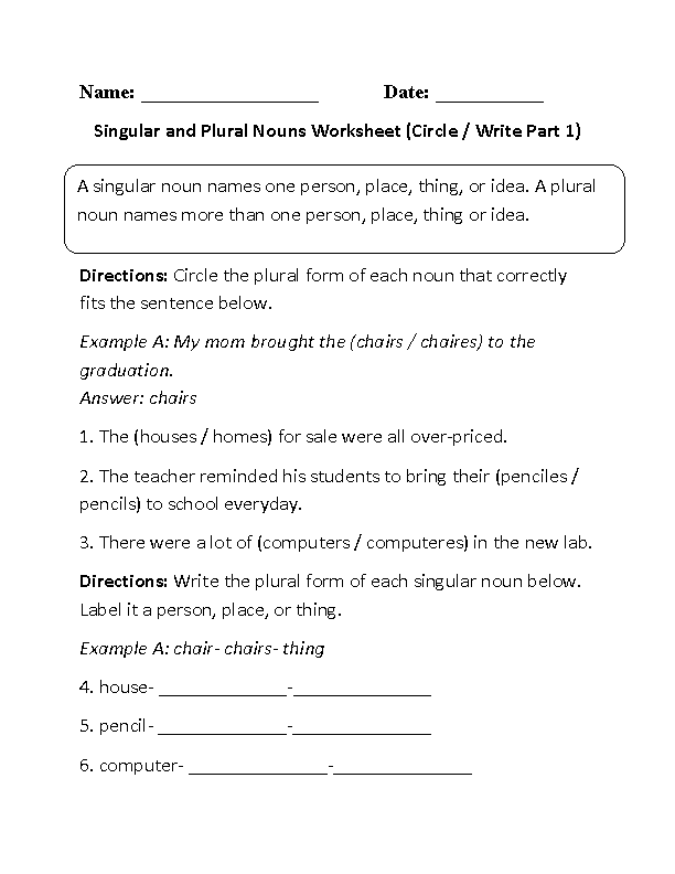 Nouns Worksheets | Singular and Plural Nouns Worksheets
