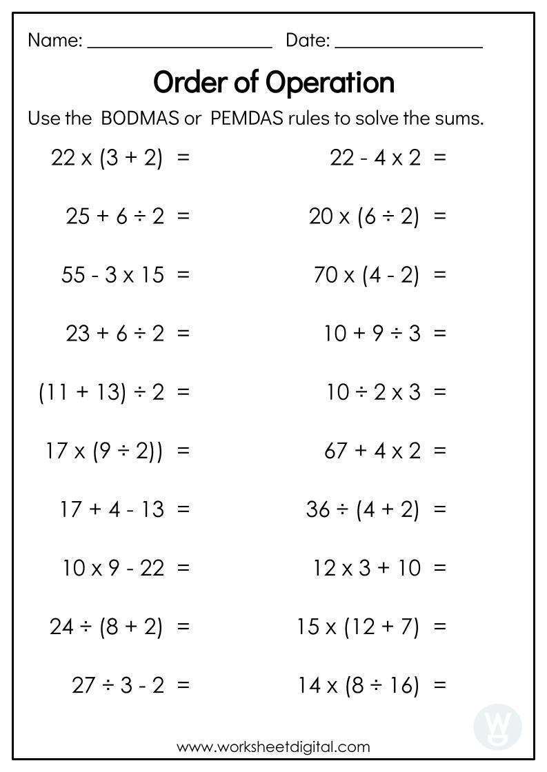 printable worksheets on order of operations