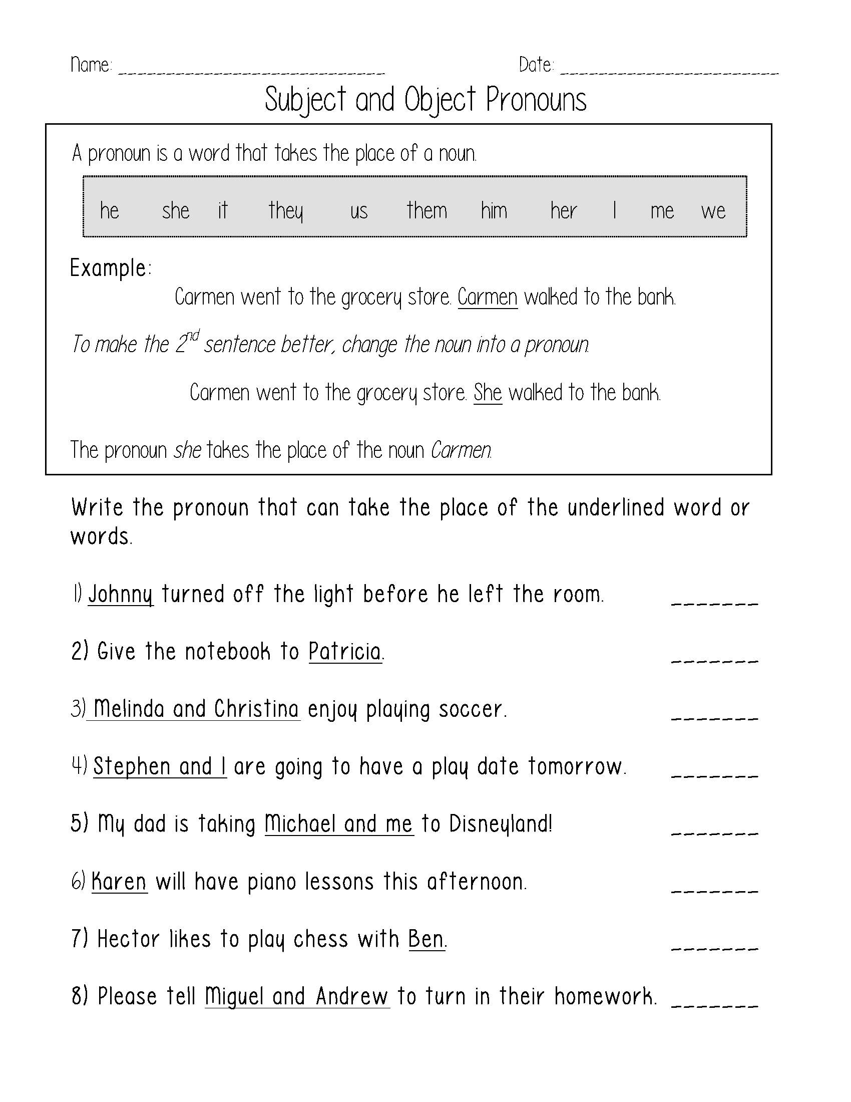 printable worksheets pronouns