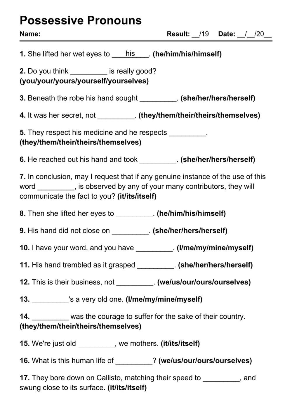 printable worksheets pronouns