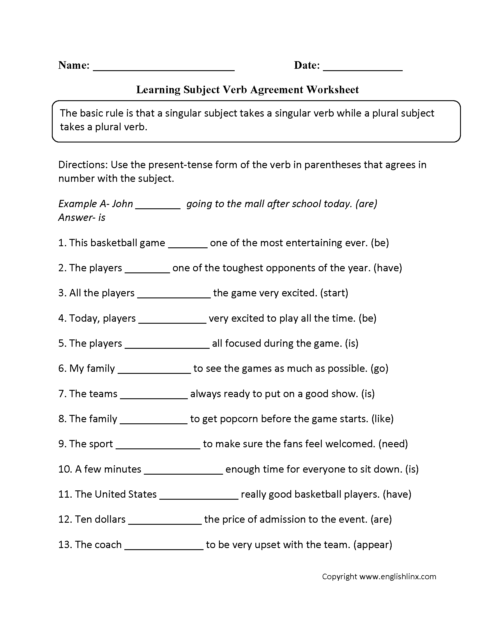 Word Usage Worksheets | Subject Verb Agreement Worksheets