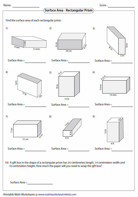 Surface Area Worksheets