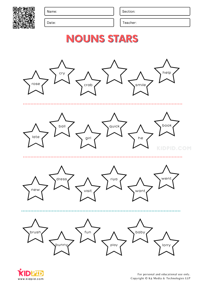 Nouns Stars Printable Worksheets for Grade 2 - Kidpid