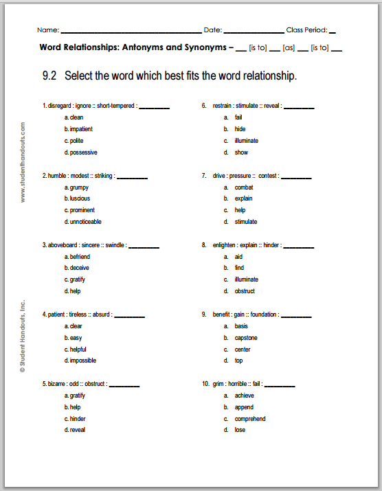 Grade 9 Verbal Reasoning Worksheet #2 | Student Handouts