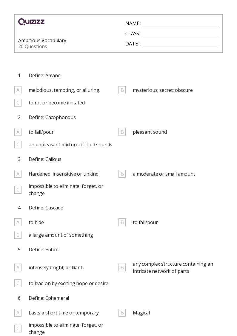 50+ Vocabulary worksheets for 9th Year on Quizizz | Free &  Printable
