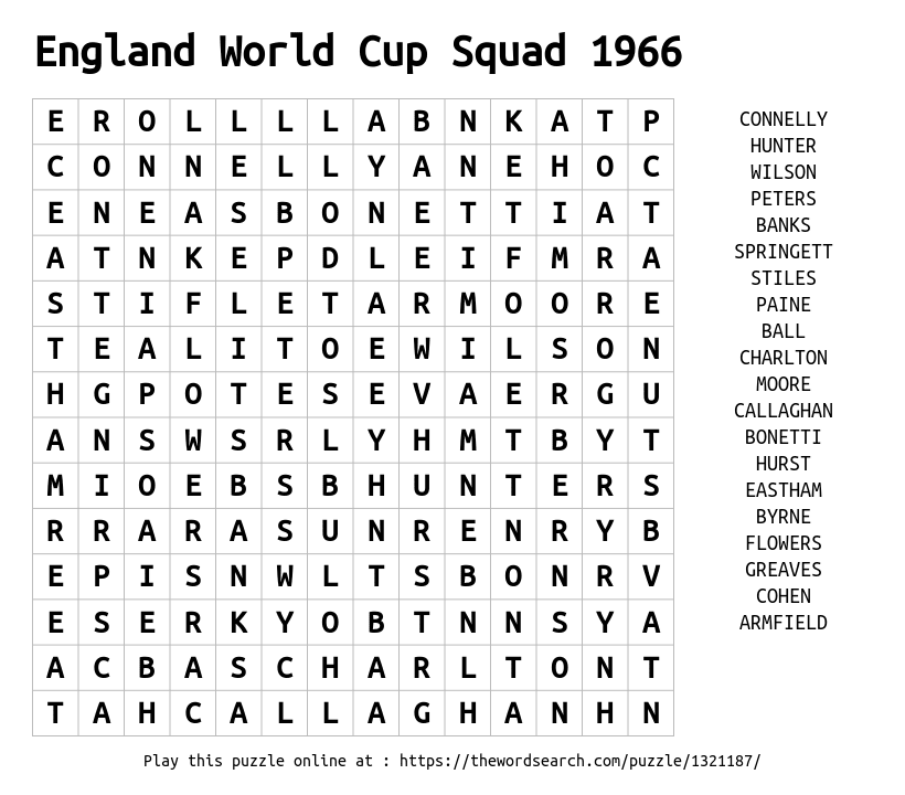 Download Word Search on England World Cup Squad 1966