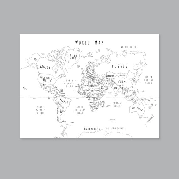 Weltkarte mit Ländern, DRUCKBARE Map of the World Wand Kunst ...