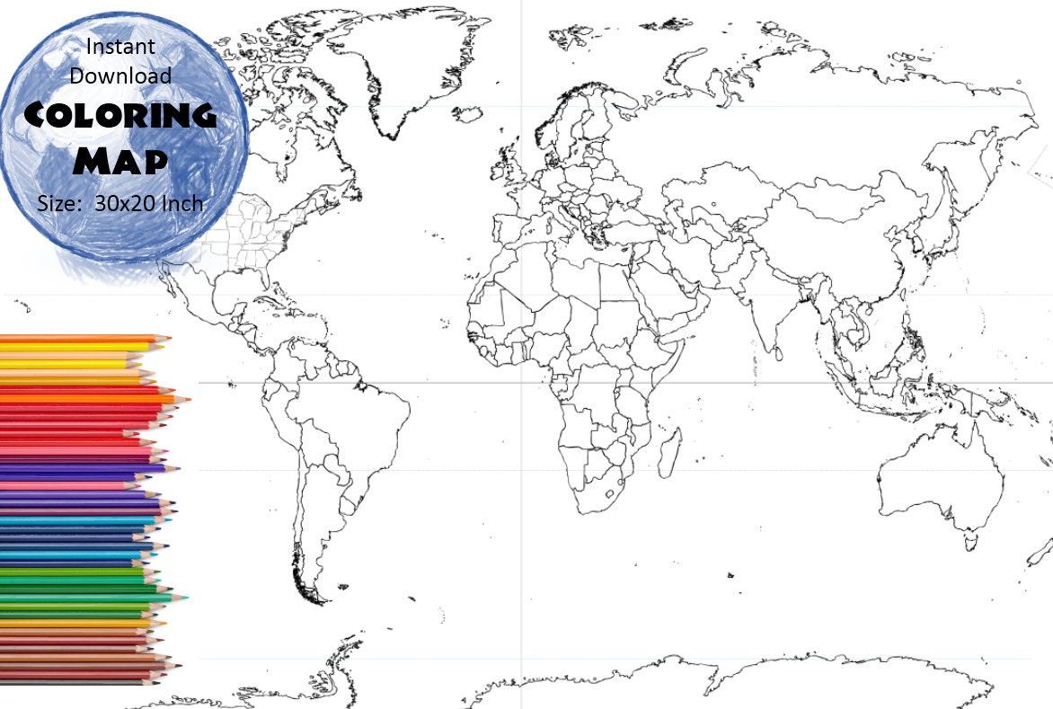 World Map 30x20 Inches Coloring Map Black &  White Map Countries ...
