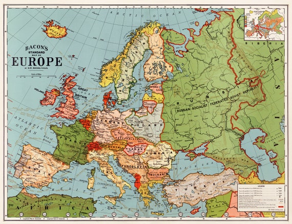 Bacons Antique Map of Europe Printable Wall Art Vintage World Map ...