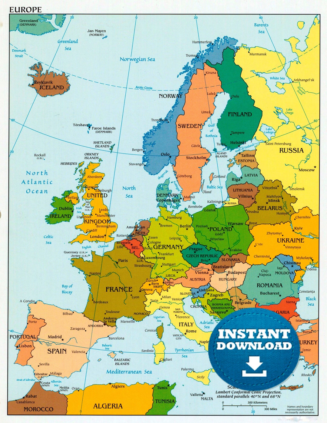 Digital Political Colorful Map of Europe, Printable Download ...