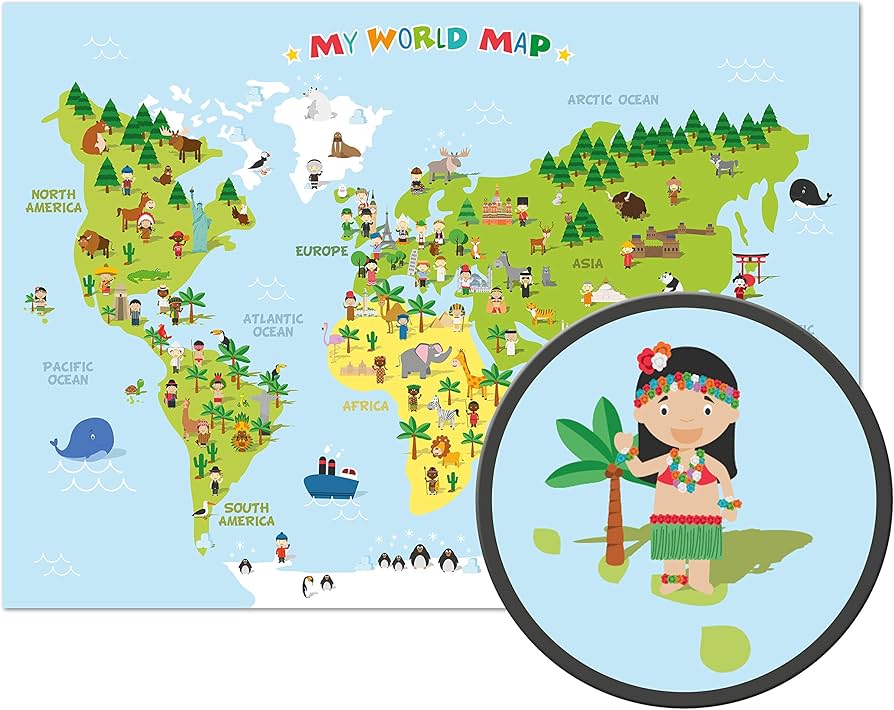ARTBAY Kinder Weltkarte - XXL Poster - 118,8 x 84 cm - Weltkarte für Kinder  mit fröhlichen Figuren und Tieren - Spielerisches Kennenlernen der ...
