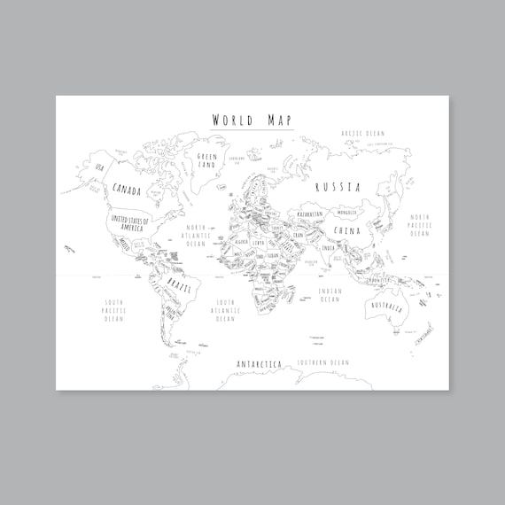 World Map With Countries, PRINTABLE Map of the World Wall Art ...