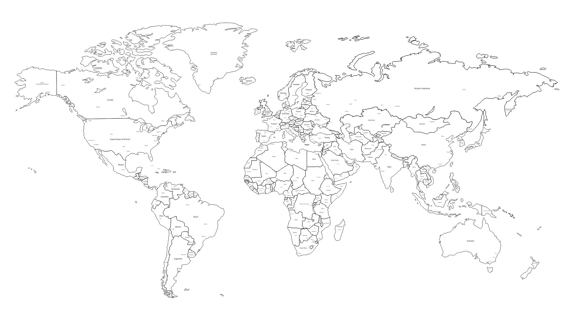 printable world map with countries labeled black and white