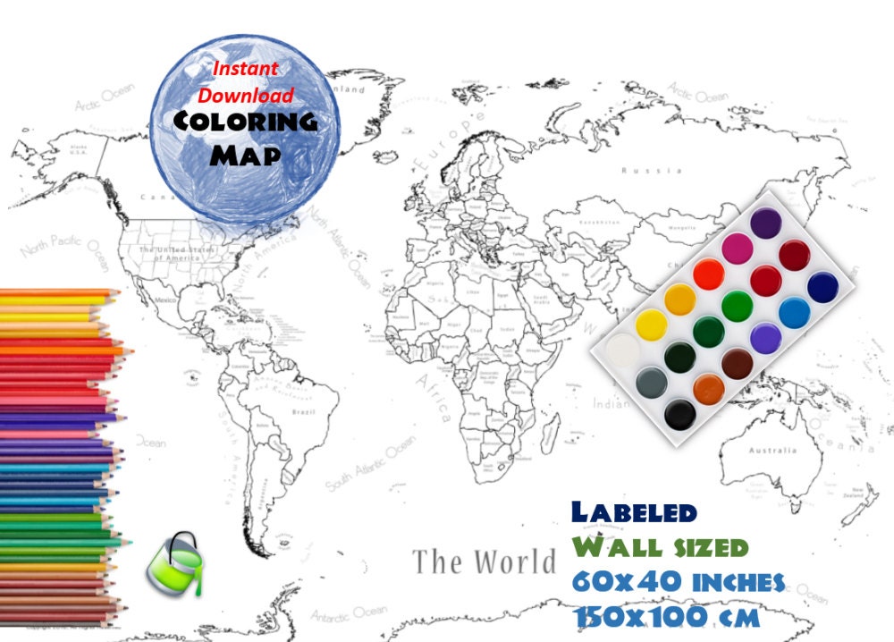 Giant Coloring World Map Labeled 60x40 Inch and 150x100 Cm ...