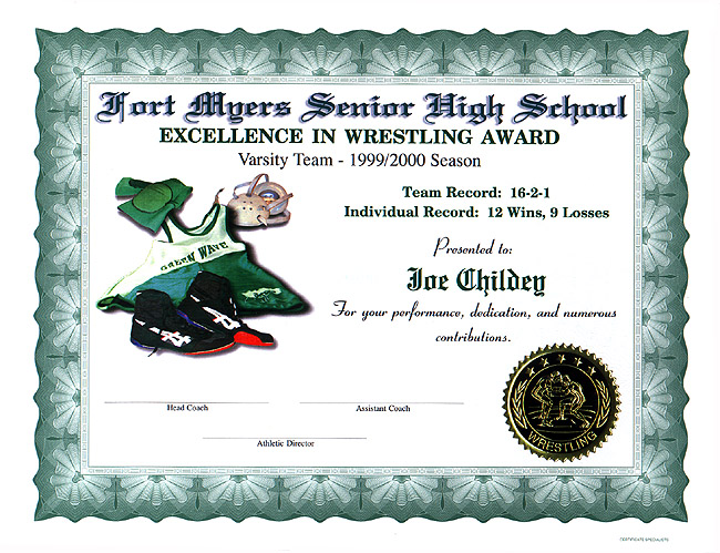 Wrestling Certificates - Full Color Customized