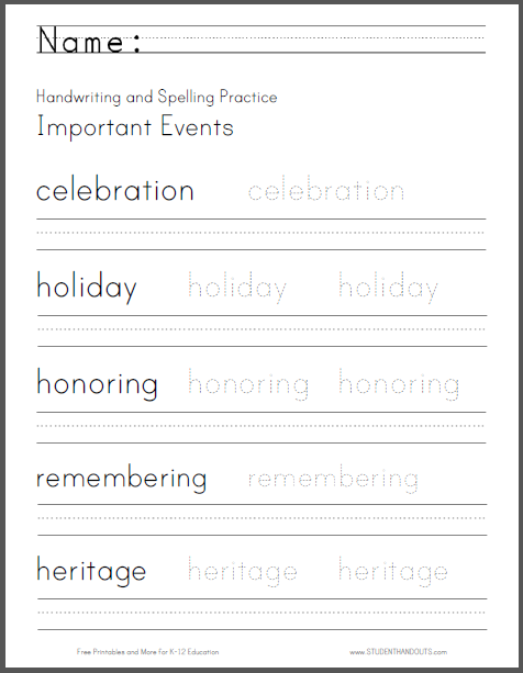 Important Events Handwriting Printable | Student Handouts