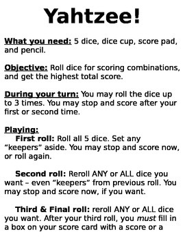 Classroom Yahtzee Rules and Directions