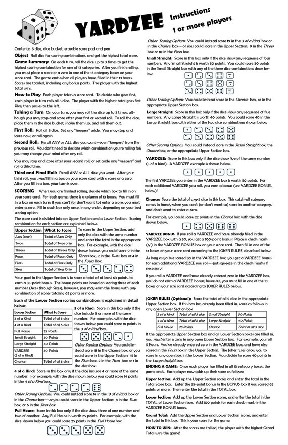 Printable Yardzee Yahtzee Laminated Score Sheet Scorecards With ...