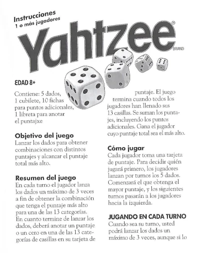 Yahtzee Instrucciones en Español - 2005
