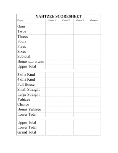 Yahtzee Score Sheet: Free Download