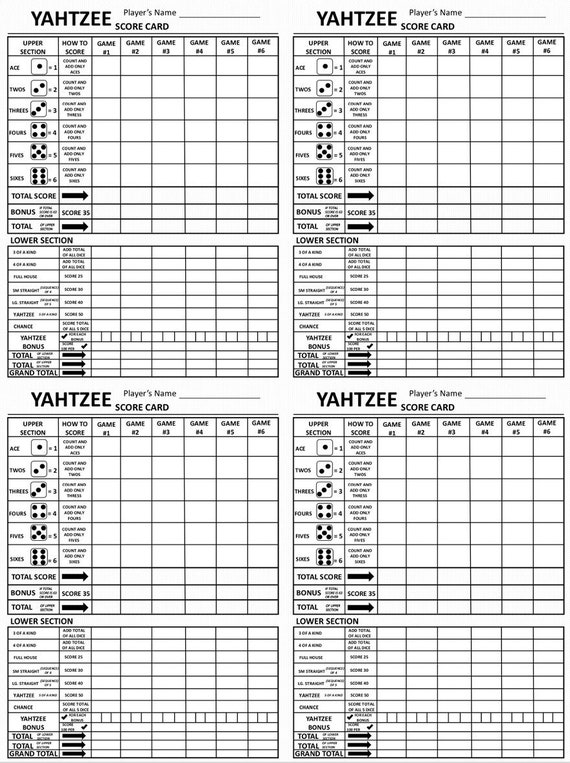 Four Yahtzee Score Card Four Yahtzee Scoresheet Four Yahtzee Score ...