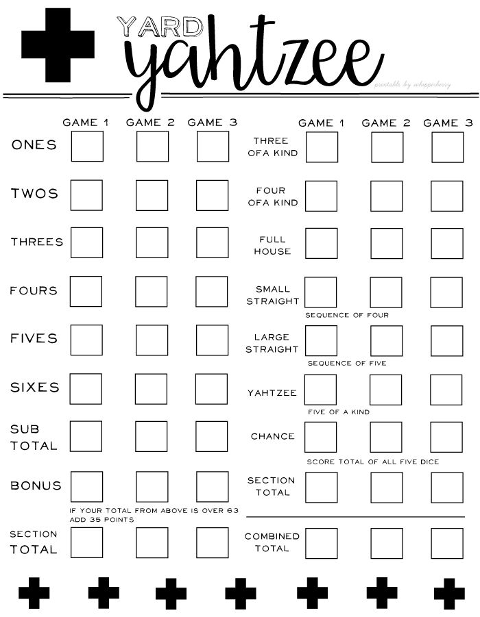 Free Printable Yard Yahtzee Score Card