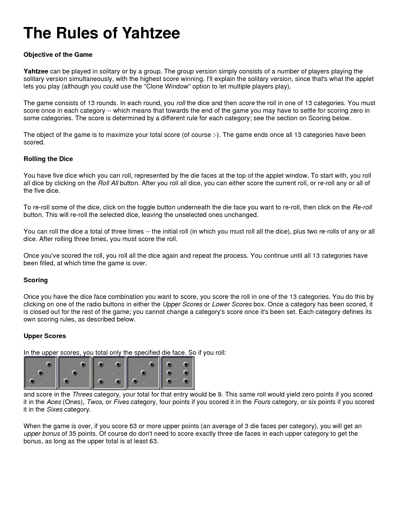 printable yahtzee rules