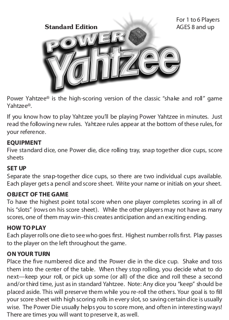 Power Yahtzee Rules Book - 2009