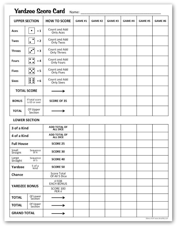 Yardzee Score Card Free Printable