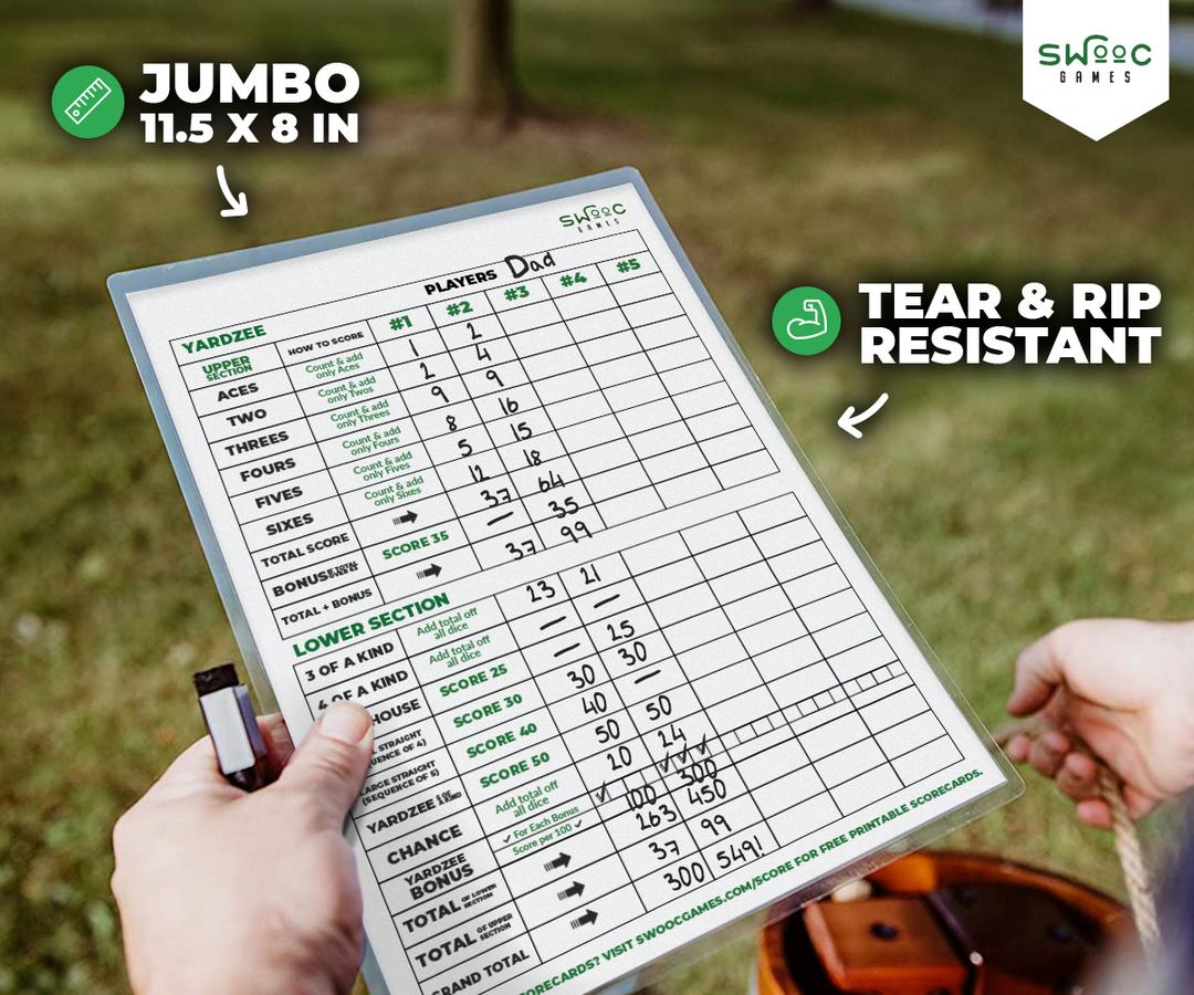 Jumbo Yardzee &  Farkle Scorecards (5 Pack) - Laminated &  Reusable