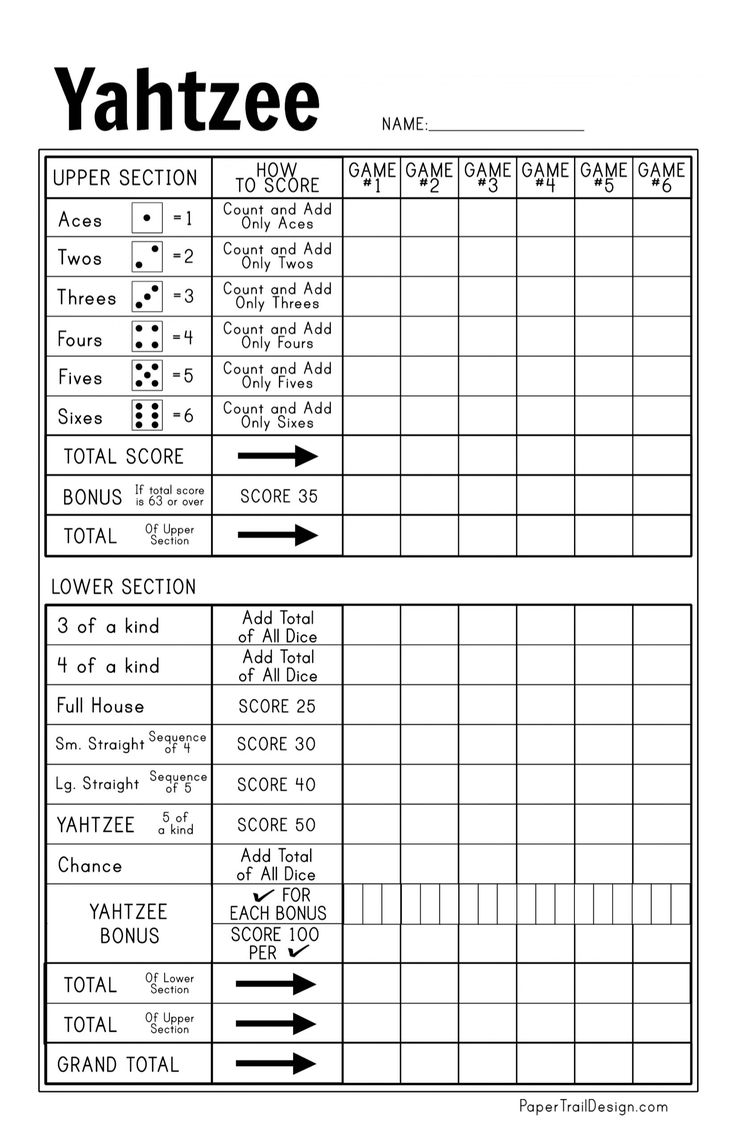 Free Printable Yahtzee Score Card | Paper Trail Design